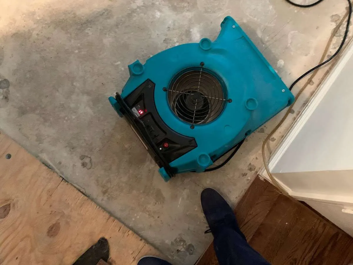 Air mover drying subfloor during Commercial Water Damage Restoration in Fort Valley